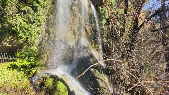 Wide, panoramic view of the complete Fuentetoba waterfall during a sunny winter day, showing the water plunging into a clear pool surrounded by bare trees and lush greenery in Soria, Spain.