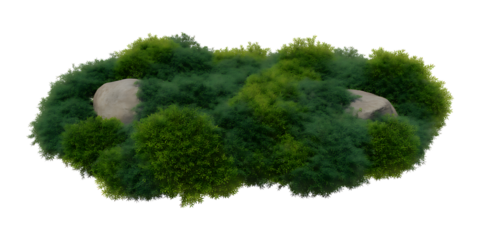 Lush green island with rocks isolated on transparent background