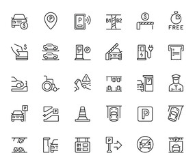 Line Icons Depicting Parking Spots Cars and Traffic Signs.