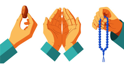 A vibrant illustration depicting three hands engaged in Islamic traditions, including holding a date, praying, and using prayer beads.