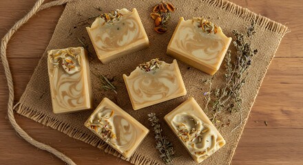 Handcrafted Soap Bars with Natural Rope on Jute Mat Top-Down