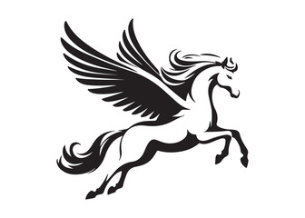 Fototapeta premium pegasus logo silhouette vector, horse with wings logo design icon vector illustration, magical fantasy horse vector silhouette, pegasus fly horse logo vector silhouette on white background