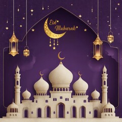 Eid mubarak greeting card design featuring mosque and lanterns festive atmosphere digital art