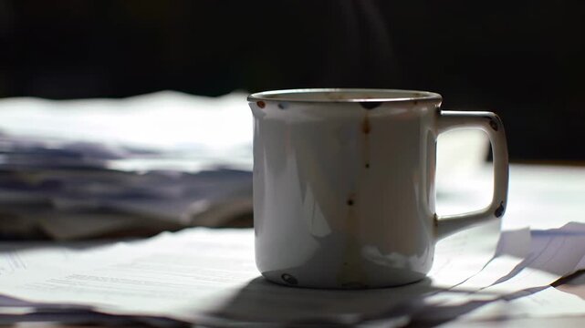 Close-up of steaming coffee mug on messy desk with stack of papers, concept study and work overload.