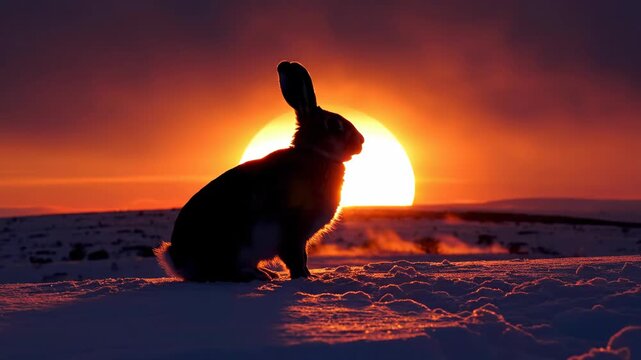 A wild hare silhouetted against a dramatic sunset in the snow. A rabbit sits in a winter landscape during golden hour. Easter bunny concept