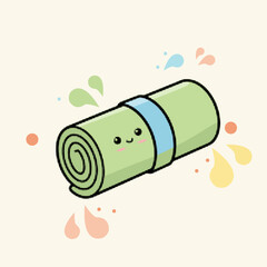 Halftone pop art dot rolled green towel or yoga mat with cute face vector illustration