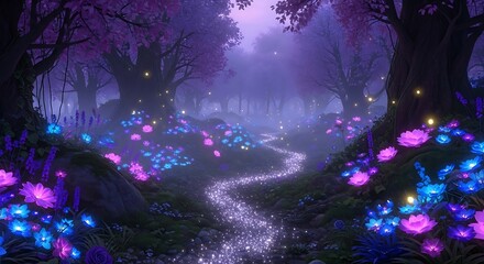 Magical enchanted forest path illuminated by glowing flowers and mist at night