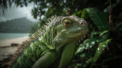 Fototapeta premium Close-up of a green iguana in a lush jungle environment with a body of water in the background.