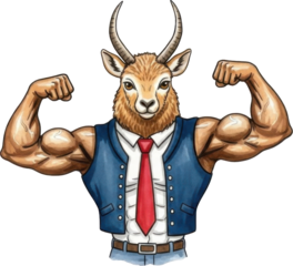 Strong goat character wearing business attire and showing muscles isolated on transparent background
