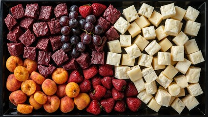 Assorted fresh berries, grapes, and cheese cubes arranged in a tray with grapes and strawberries in the center, and various fruits at the bottom.