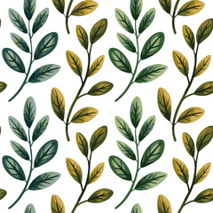 Fototapeta premium A seamless tropical leaf pattern featuring lush green foliage and soft coral botanical elements on a white background.