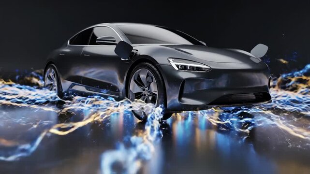 Abstract motion graphic animation visualizing blue and yellow electrical energy flowing seamlessly from the ground into the chassis of a static generic electric car model flow, data, seamlessly