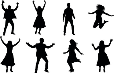 Obraz premium Silhouettes of joyful men and women in various active poses celebrating jumping dancing and cheering for success isolated on white background
