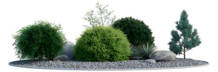 Lush garden with diverse shrubs and trees isolated on transparent background