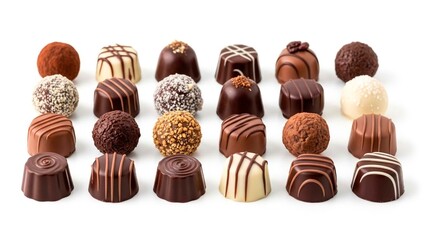 A variety of assorted chocolates arranged on a white background