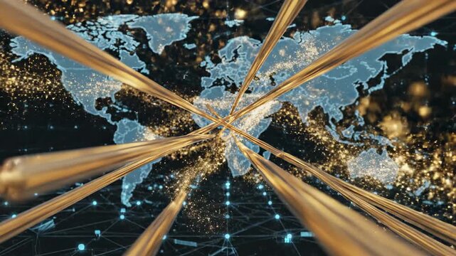 Abstract motion graphic background featuring golden metallic lines and shimmering particles moving across a dark digital global commerce network grid lines, commerce, featuring