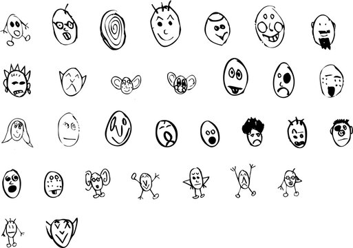 Drawings of faces in a childlike style, fun, different, rare.