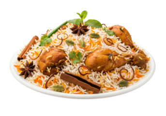 chicken biryani with saffron rice and spices on plate