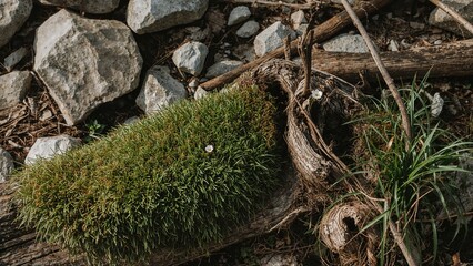 Obraz premium Close-up of moss growing on a fallen log with rocks and twigs, showcasing natural forest floor details.