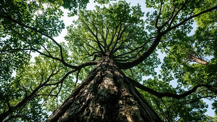 A tall tree seen from below, with green leaves and branches extending outward.