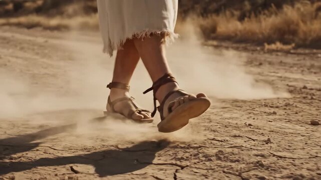 The feet of Jesus in sandals walking on a dusty desert path in slow motion. A biblical depiction of a spiritual journey. Faith and Christianity concept