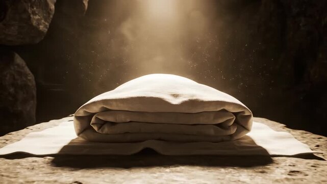The empty tomb with a folded burial shroud on a stone slab. A divine light illuminates the linen cloth in a rocky cave. The resurrection of Jesus Christ and the Easter story