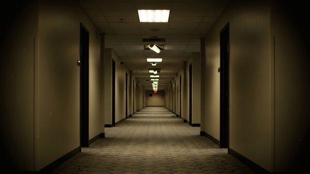 Long dimly lit hotel corridor with multiple doors.