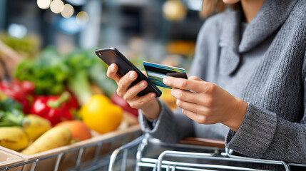 Faceless woman using smartphone and credit card, shopping in supermarket environment, retail payment convenience, digital transaction processing, grocery store technology, mobile banking