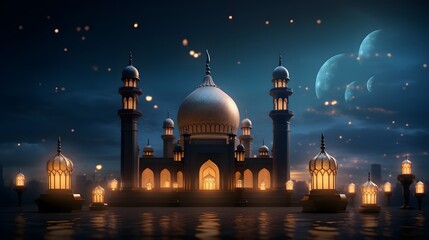 Ramadan Kareem and Eid Mubarak Backgrounds, Islamic Lanterns, Mosques, Festive Night Illustrations