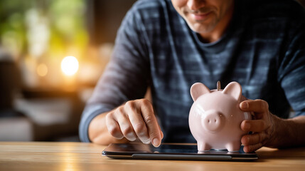 Faceless family planning savings with AI budgeting application on tablet, warm cinematic lighting atmosphere, modern financial management, digital money tracking, household budget