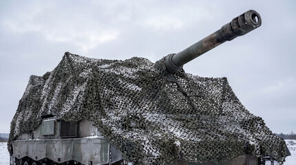 Military tank covered in camouflage netting in snowy landscape  