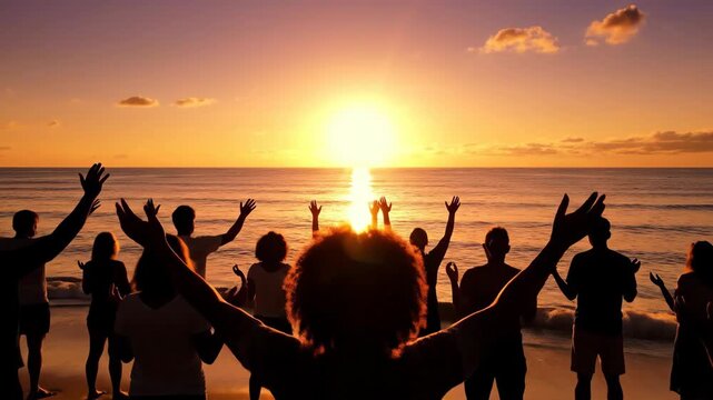 A large group of people worship in silhouette on a beach at sunrise. Diverse community with hands raised celebrating faith and hope by the ocean