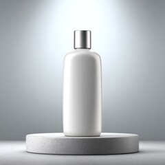 White bottle on a round platform with light shining from above in a simple setting