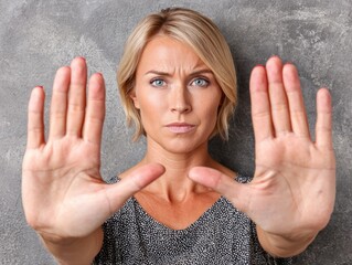 Woman showing hands in front of her face against gray wall expressing a clear message