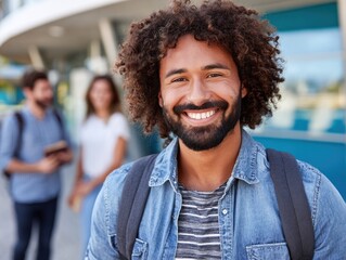 Young man smiles in urban setting while friends talk in background during daytime