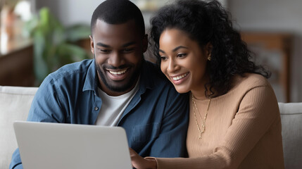 Happy young couple at home reviewing mortgage application, laptop computer usage, property loan planning, financial partnership collaboration, home buying process, real estate investment