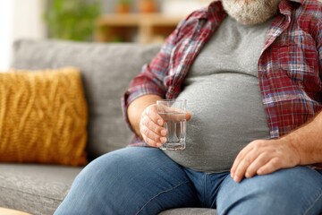 Man sitting on a couch holding a glass of water in a living room during daytime
