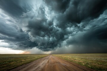 Dark clouds gather over an empty road in a vast field during late afternoon