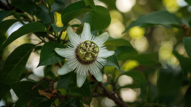 A passionflower with green leaves and white petals in a natural setting.