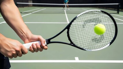 Macro detail of tennis racket strings and grip in hand preparing swing motion for accurate shot on court