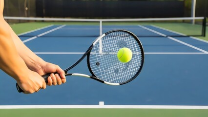 Closeup of tennis racket in hand preparing to serve ball with focus and concentration during match play