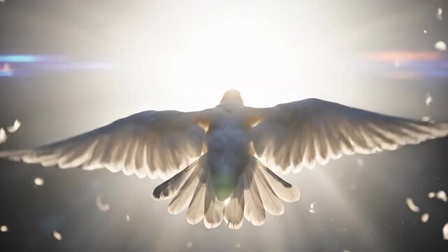 A white dove flies towards a bright heavenly light in slow motion. The Holy Spirit ascending as a symbol of peace, hope, and faith. Religious and spiritual concept for Easter