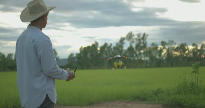Smart farmer using drone controller or drone transmitter a remote control for agriculture sprayer drone in rice paddy field in rural area countryside farm landscape
