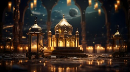 Ramadan Kareem and Eid Mubarak Backgrounds, Islamic Lanterns, Mosques, Festive Night Illustrations