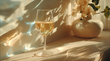 A minimalist still life of a glass of white wine placed by a sunlit window, with warm natural light casting soft reflections and shadows on a textured surface and a ceramic background.
