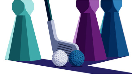 A vibrant digital illustration captures a golf club and two golf balls positioned strategically among colorful game pawns, symbolizing strategic play.