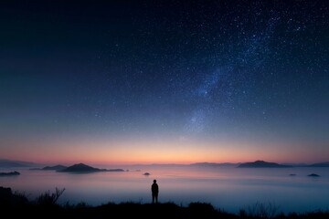 Person standing above cloud layer at dawn representing perspective and inner calm concept