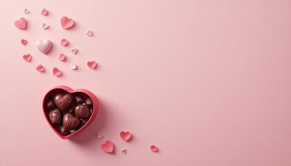 Heart shaped box of assorted chocolates on pink background with scattered hearts with valentine