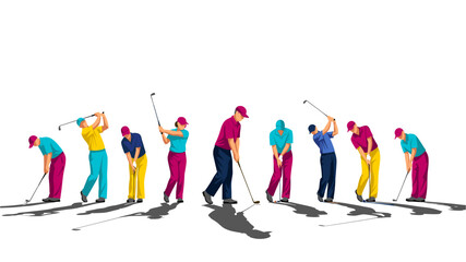 Dynamic sequence of golfers in various colorful outfits demonstrating the full swing motion on a clean white background.