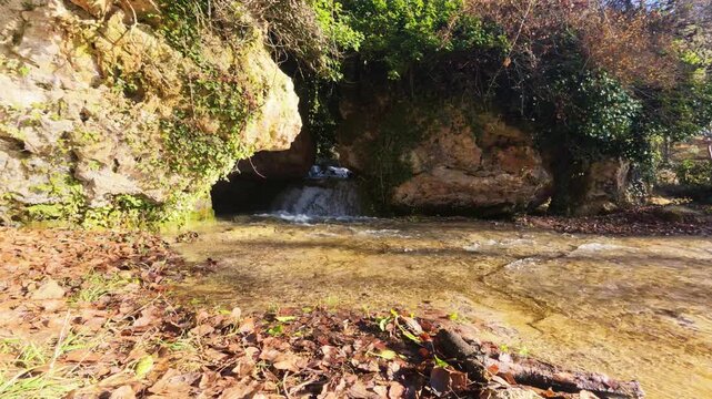 The Golmayo River emerges from a small rock cave at the Fuentetoba natural park, with fallen autumn leaves scattered on the ground, creating a picturesque winter scene in the province of Soria.